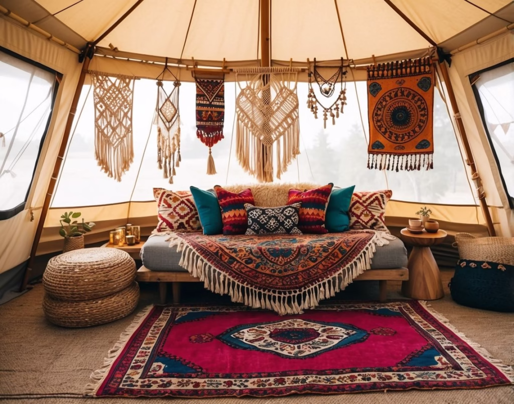 Glamping tent with vintage rug, boho aesthetic and macrame wall hangings.