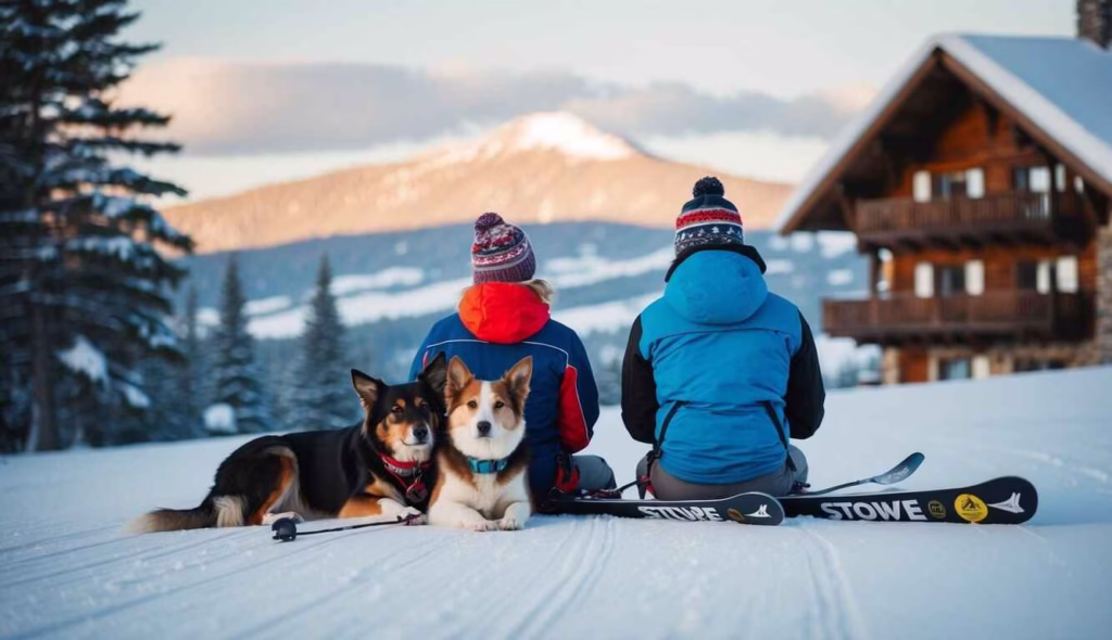 A group of skiers and their dogs, including a Labrador Retriever and an Australian Shepherd, taking a break at a rustic, snow-covered ski chalet with Stowe Mountain Resort's trails in the distance.