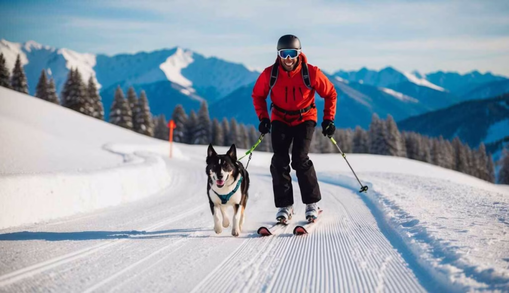skiijoring on a snow slope at a dog friendly ski resort. Snow covered mountains in the background