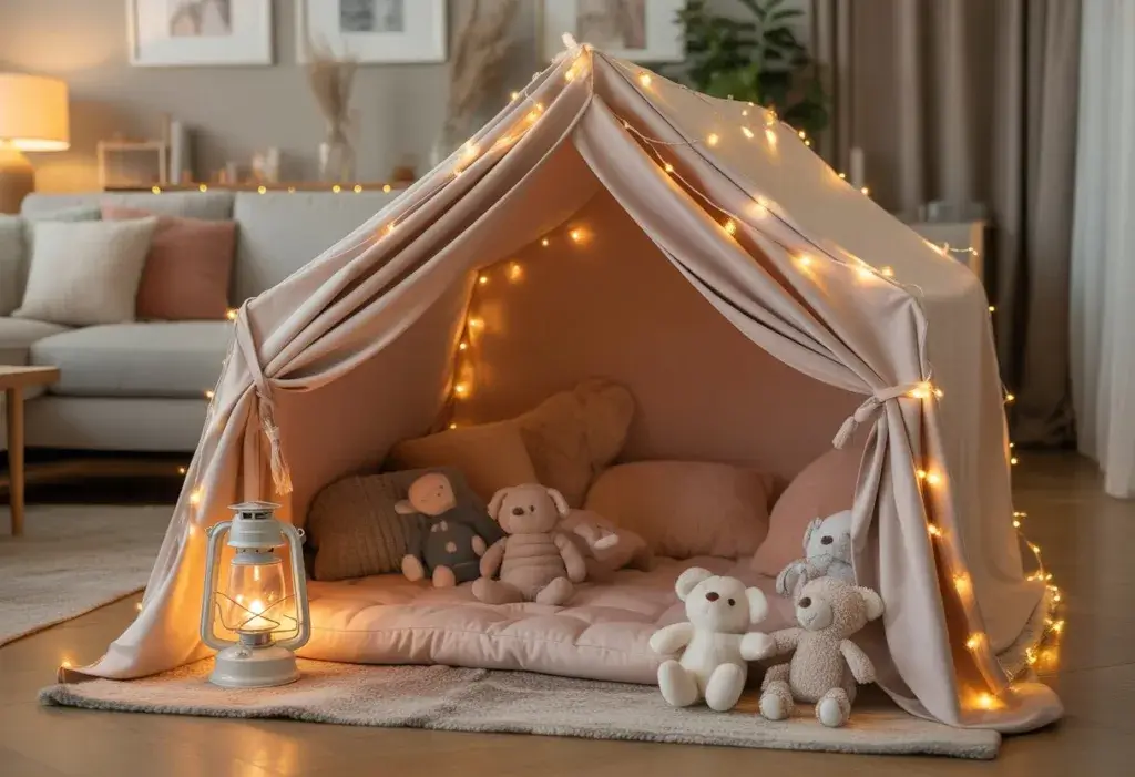 Tent set up in the living room with fairy lights, plush pilows, blankets, a lantern and stuffed animals for the kids.