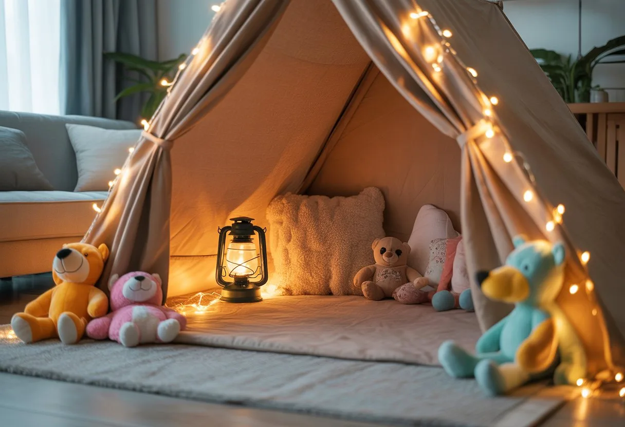 Tent set up in the living room with fairy lights, plush pilows, blankets, a lantern and stuffed animals for the kids.