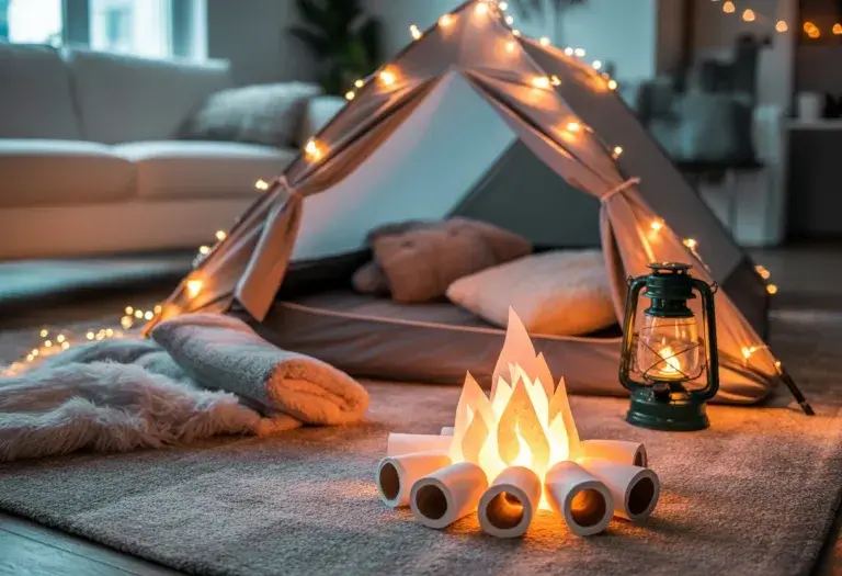 Tent set up in the living room with fairy lights, plush pilows, blankets, a lantern and faux campfire.