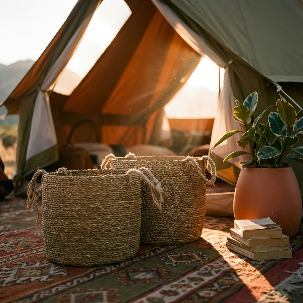 Sunlight streams through open tent flaps onto a collection of woven seagrass baskets, arranged on a patterned rug. A potted plant and a stack of books sit nearby
