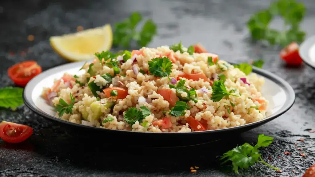 Mediterranian couscous salad in a bowl.