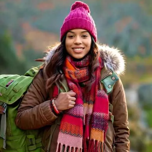 Ethnic Woman wearing cute trendy camping outfits including stylish parka or puffer jacket, stylish waterproof boots, colorful beanie, patterned scarves. Include a leather-strapped watch and a rustic backpack.