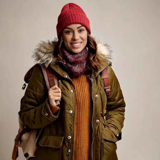 Ethnic Woman wearing cute trendy camping outfits including stylish parka or puffer jacket, stylish waterproof boots, colorful beanie, patterned scarves. Include a leather-strapped watch and a rustic backpack.