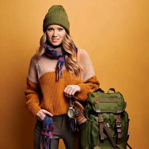 Ethnic Woman wearing cute trendy camping outfits including stylish parka or puffer jacket, stylish waterproof boots, colorful beanie, patterned scarves. Include a leather-strapped watch and a rustic backpack.
