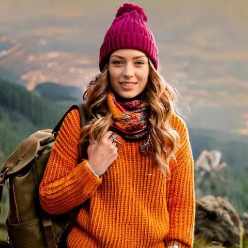 Ethnic Woman wearing cute trendy camping outfits including stylish parka or puffer jacket, stylish waterproof boots, colorful beanie, patterned scarves. Include a leather-strapped watch and a rustic backpack.