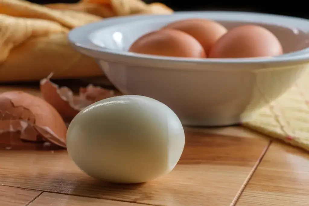 Peeling brown organic hard-boiled farm eggs on wooden kitchen table
