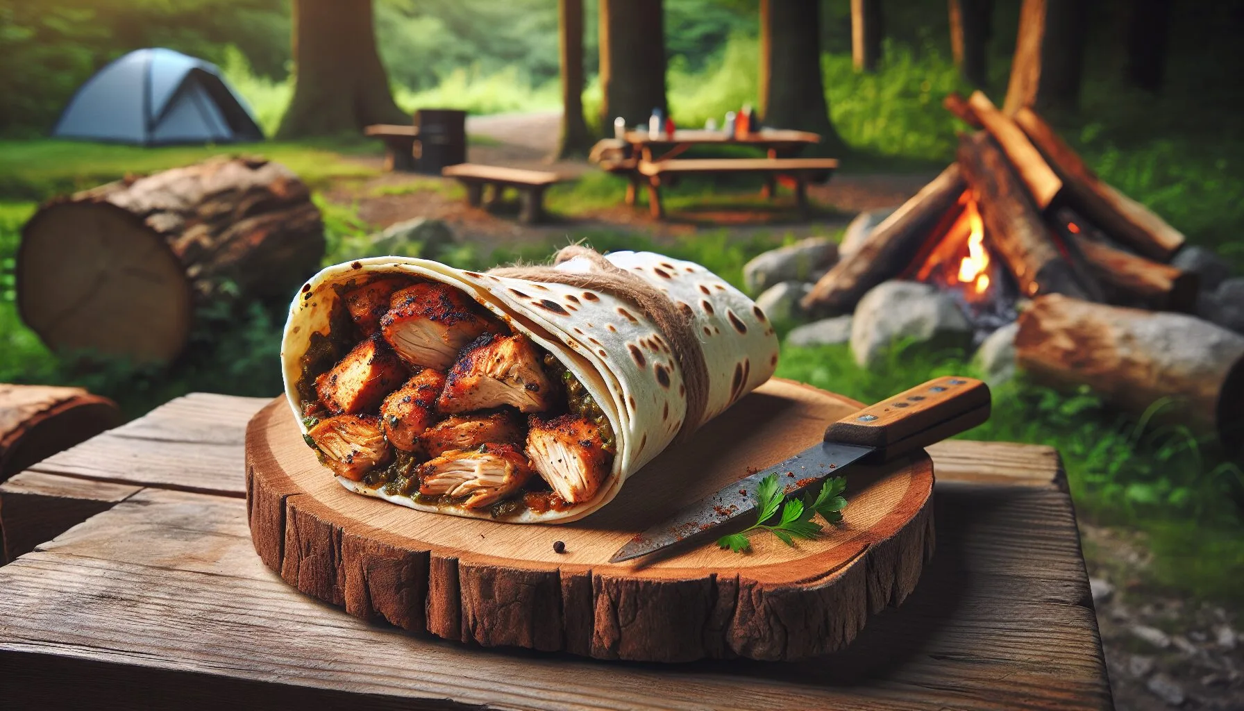 Caribbean jerk chicken wrapped in a tortilla sitting on a picnic table at camp.