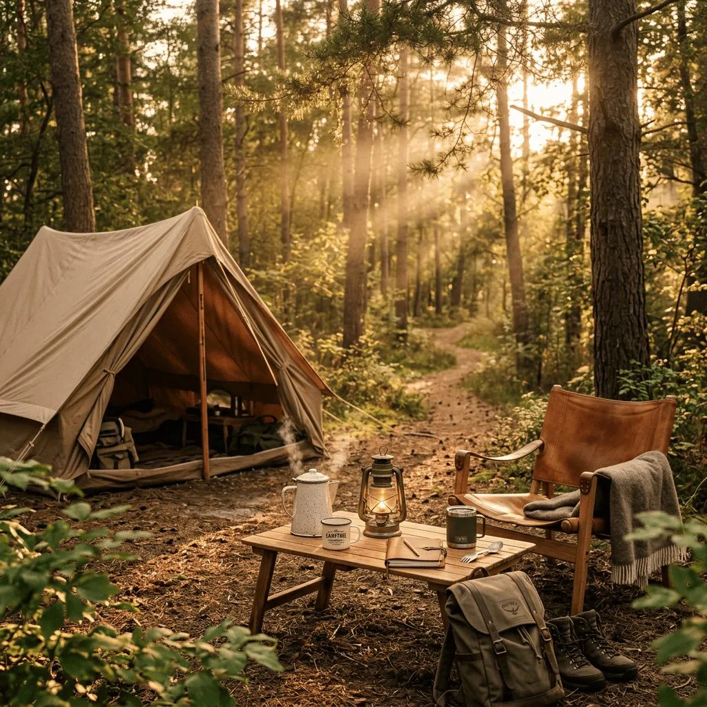 Outdoor scene with a spacious tent, comfortable camping chair, wooden table with cookware, and premium camping gear surrounded by trees and sunlight.
