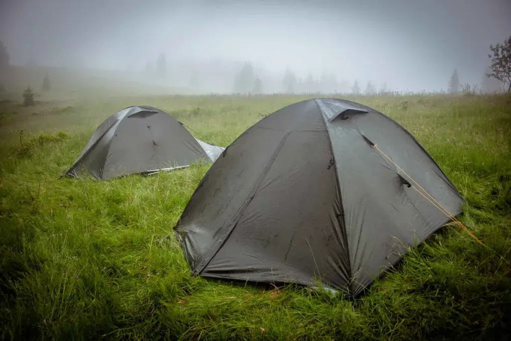 Two tents set up in a grassy field on a rainy day.
