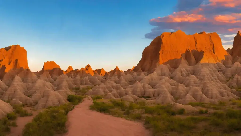 The Badlands in South Dakota at sunset.