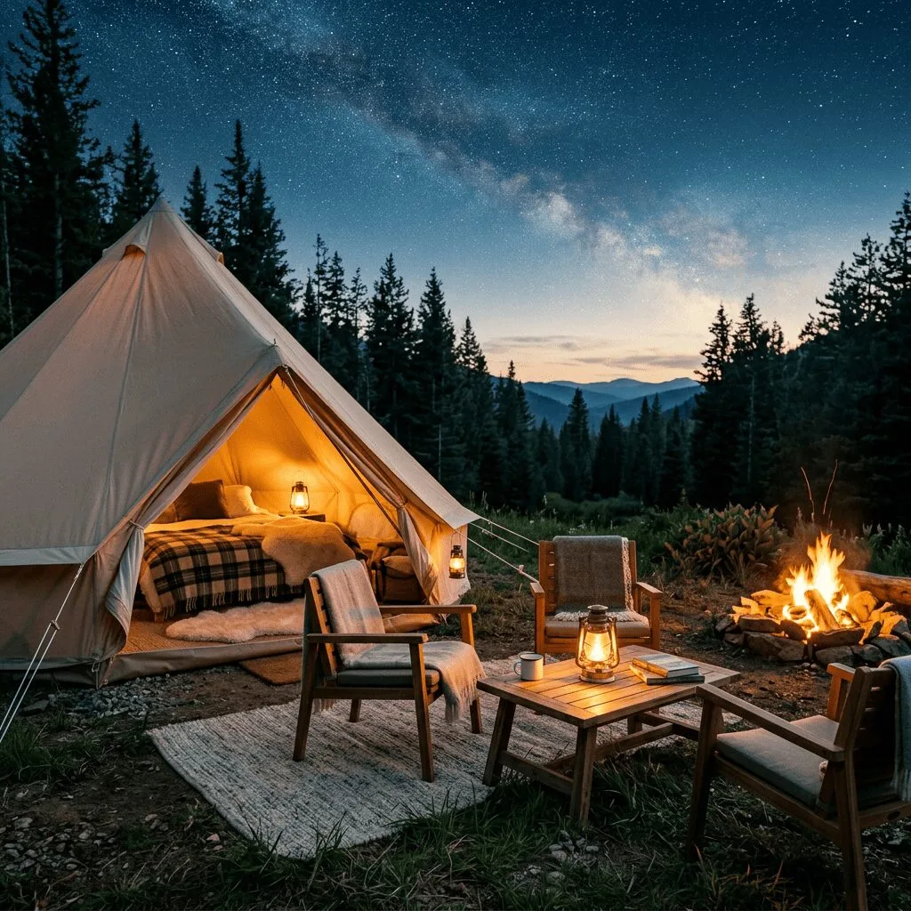 A luxurious camping tent set up in a forest with a comfortable sleeping area inside and high-end camping equipment around it.