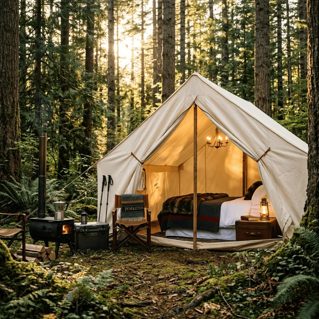 Outdoor camping kitchen with modern cooking equipment and a dining table set with plates and glasses in a forest setting.