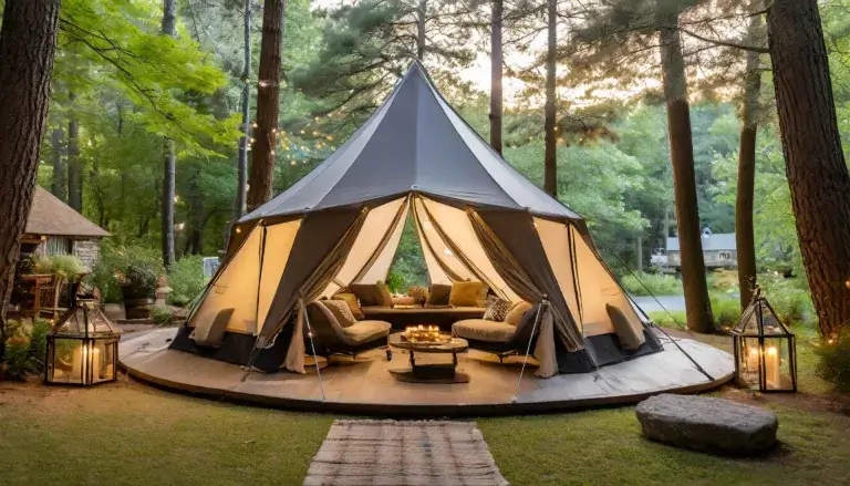A cozy glamping tent nestled in the forest, with a family enjoying outdoor activities