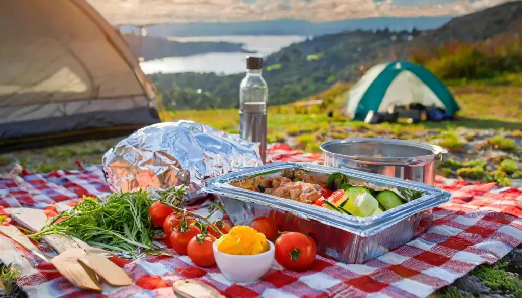 Spread of vegetables in foil packs sitting on a red and white checkered picnic blanket with tents in the background.
