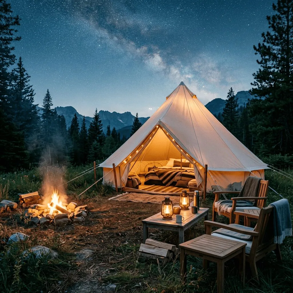A cozy campsite with a spacious tent, comfortable bedding, elegant outdoor furniture, and stylish lanterns, set against a backdrop of lush nature and a starry sky