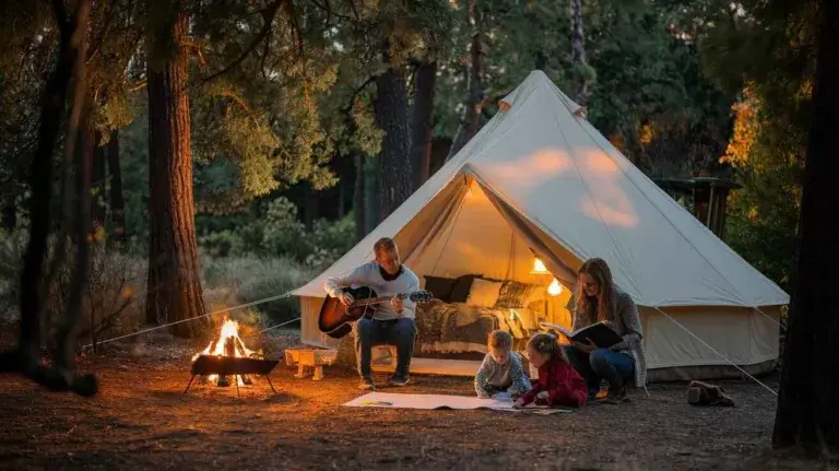 Family glamping at night with father playing a guitar and mother reading to children.