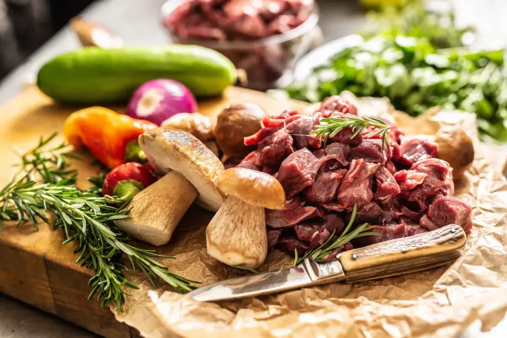 Chopped steak and mushrooms on a cutting board with a knife and herbs.