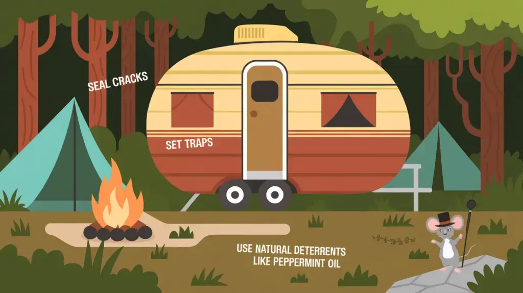 Cute graph with a camper showing ways to keep mice out such as seal cracks, use natural deterrents like peppermint oil and set traps.