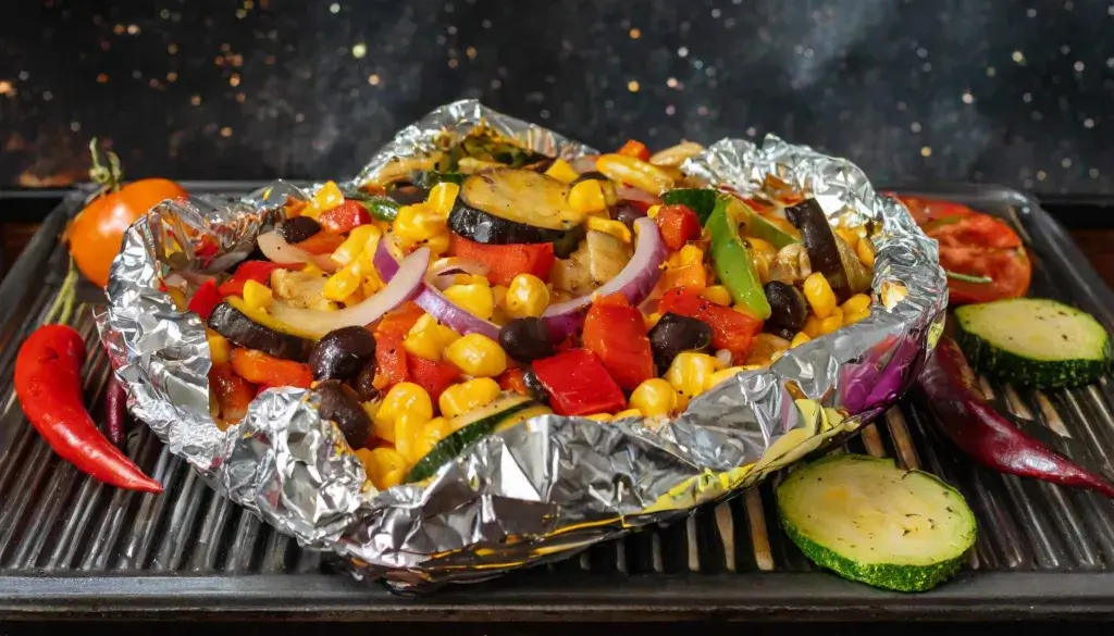 Tex mex veggies in a foil packet on a grill.