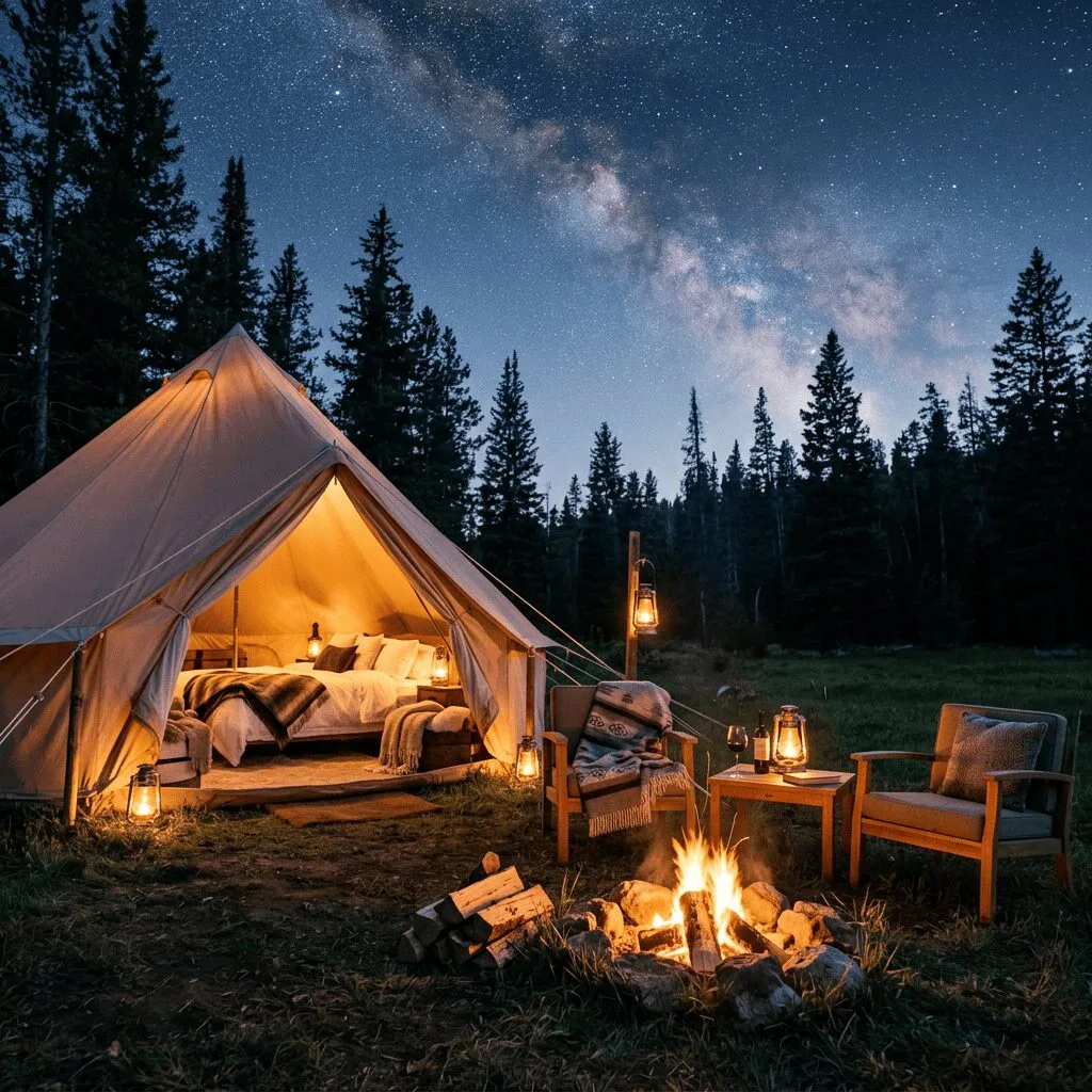 A luxury canvas tent set up in a forest clearing with outdoor seating and high-end camping equipment arranged nearby under warm sunlight.