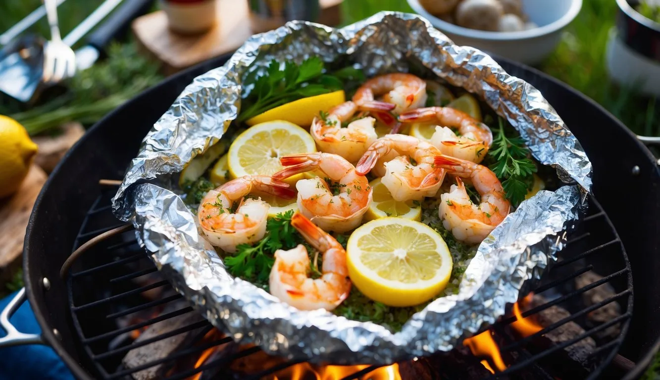 A foil pack filled with seasoned shrimp, lemon slices, and herbs, placed on a campfire grill. Surrounding the pack are various camping cooking utensils and ingredients
