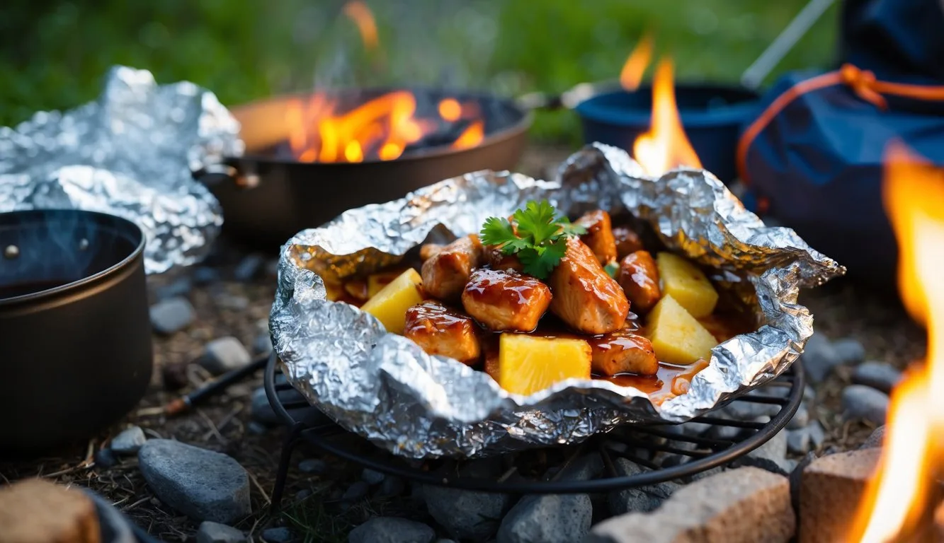 A foil pack filled with teriyaki chicken and pineapple surrounded by camping gear and a campfire
