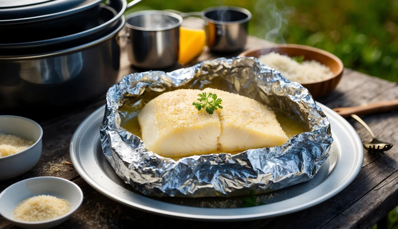 A foil-wrapped cod fillet, coated in parmesan, surrounded by camping cookware and ingredients on a rustic outdoor table