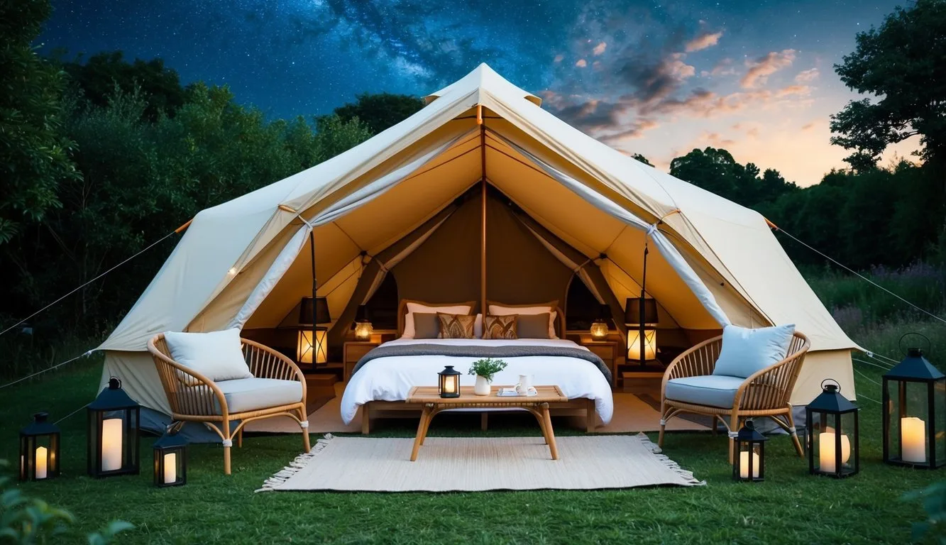 A cozy campsite with a spacious tent, comfortable bedding, elegant outdoor furniture, and stylish lanterns, set against a backdrop of lush nature and a starry sky