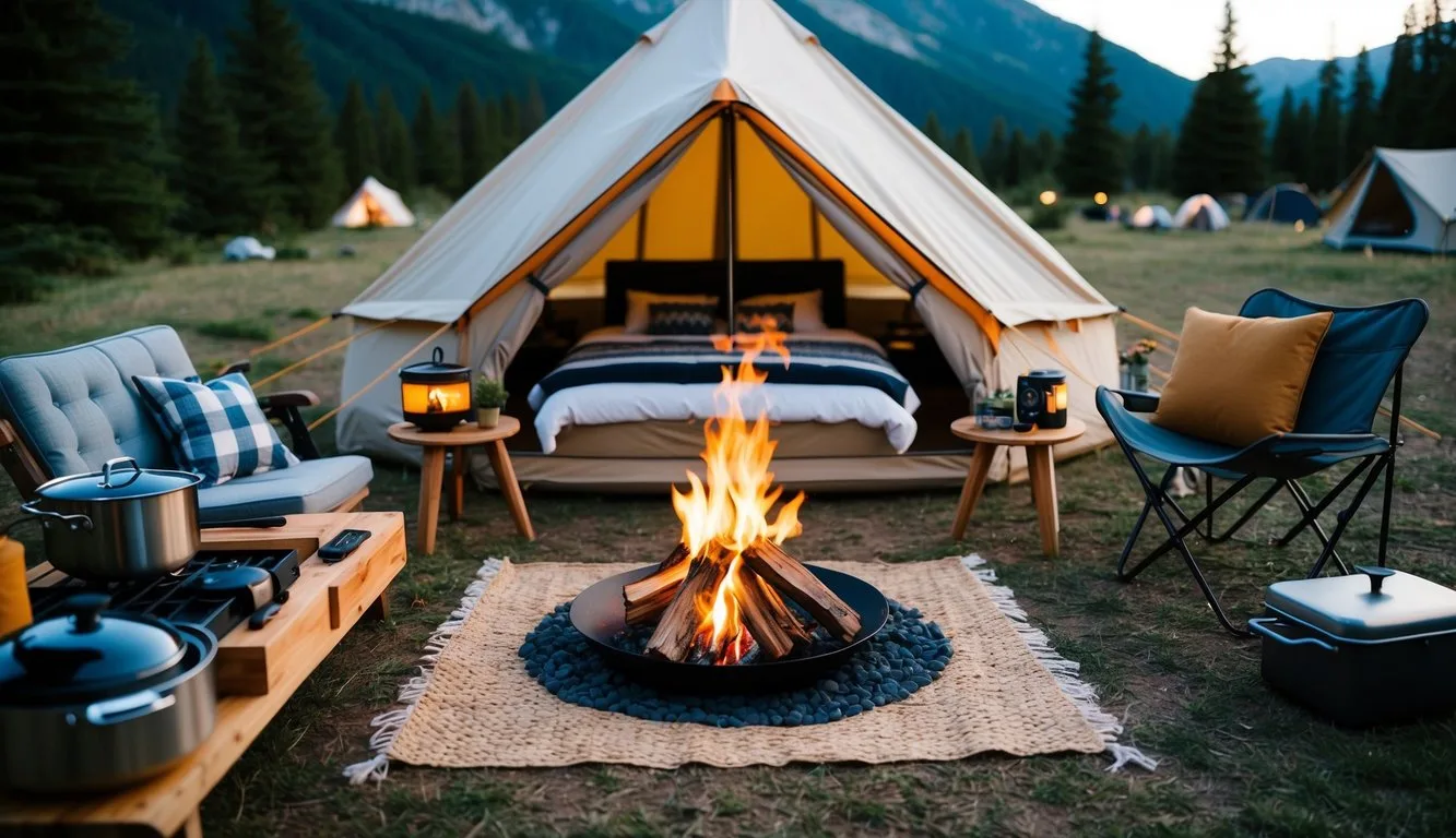 A cozy campsite with a spacious tent, a crackling campfire, and a spread of high-end camping gear including a comfortable bed, stylish outdoor furniture, and gourmet cooking equipment