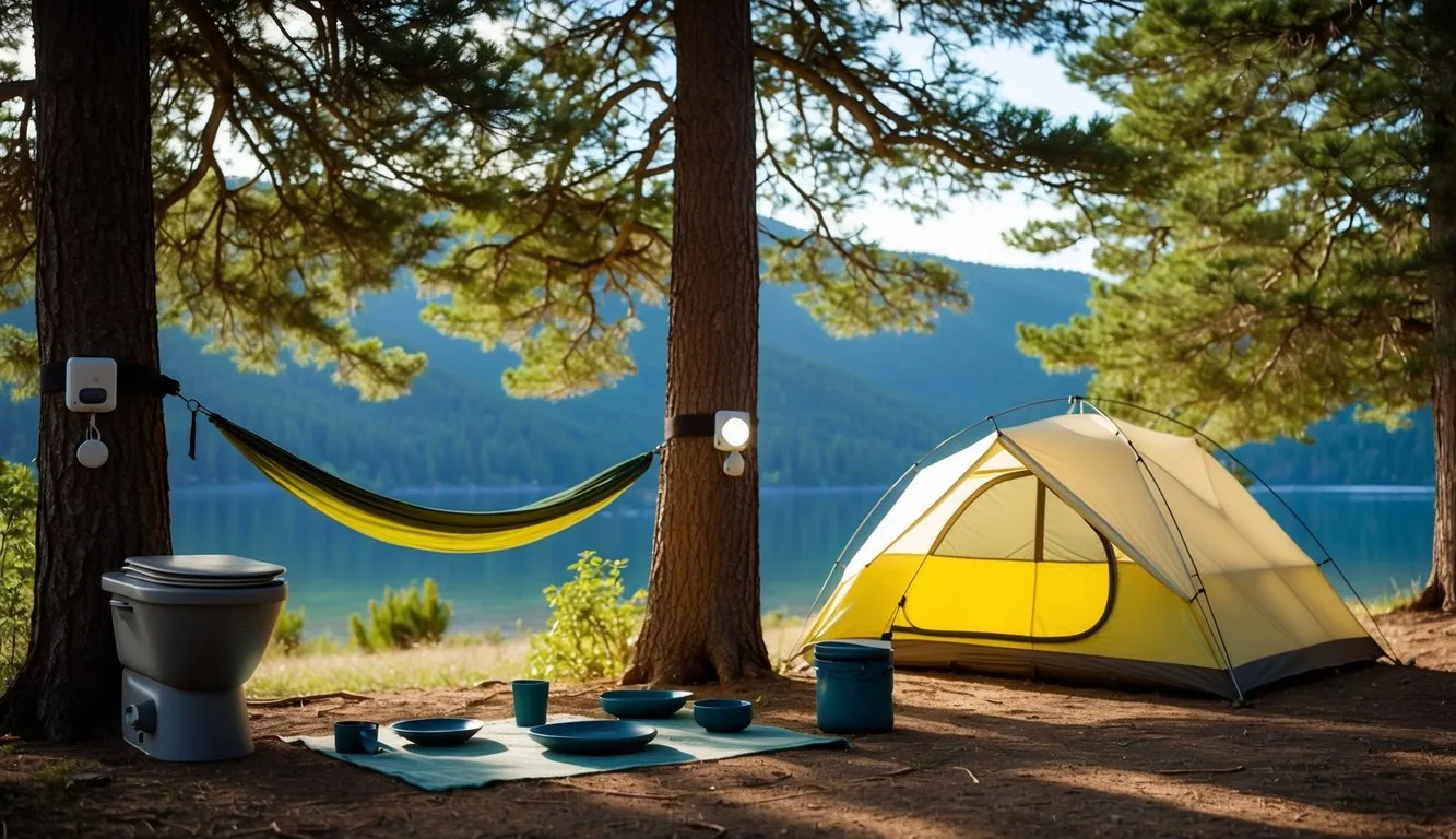 A serene campsite with solar-powered lights, reusable dinnerware, and a composting toilet. A hammock hangs between two trees, and a sleek, eco-friendly tent is pitched nearby