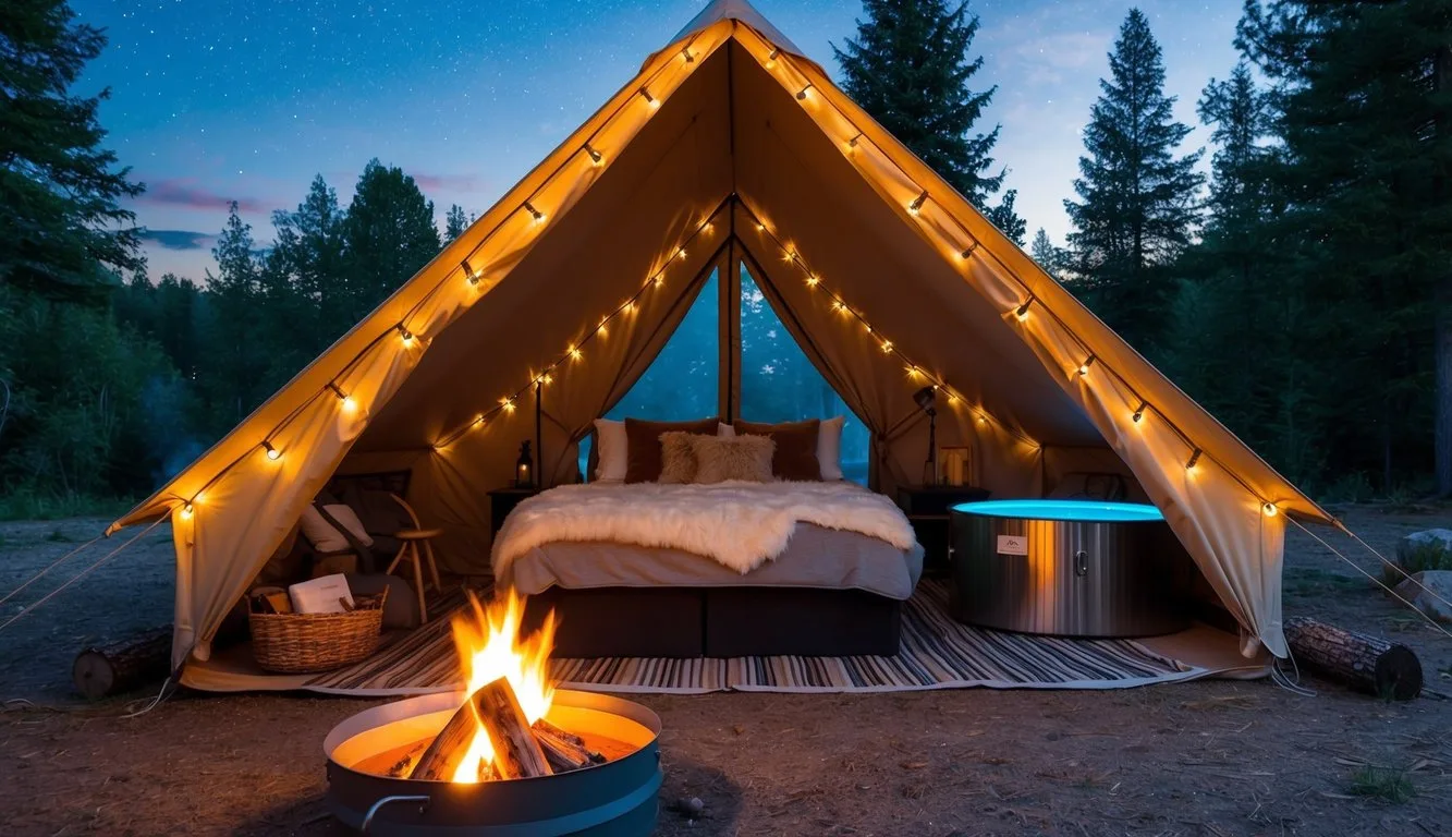 A luxurious tent nestled in a forest clearing, surrounded by twinkling fairy lights and a crackling campfire. A cozy bed with fluffy blankets and a hot tub under the stars
