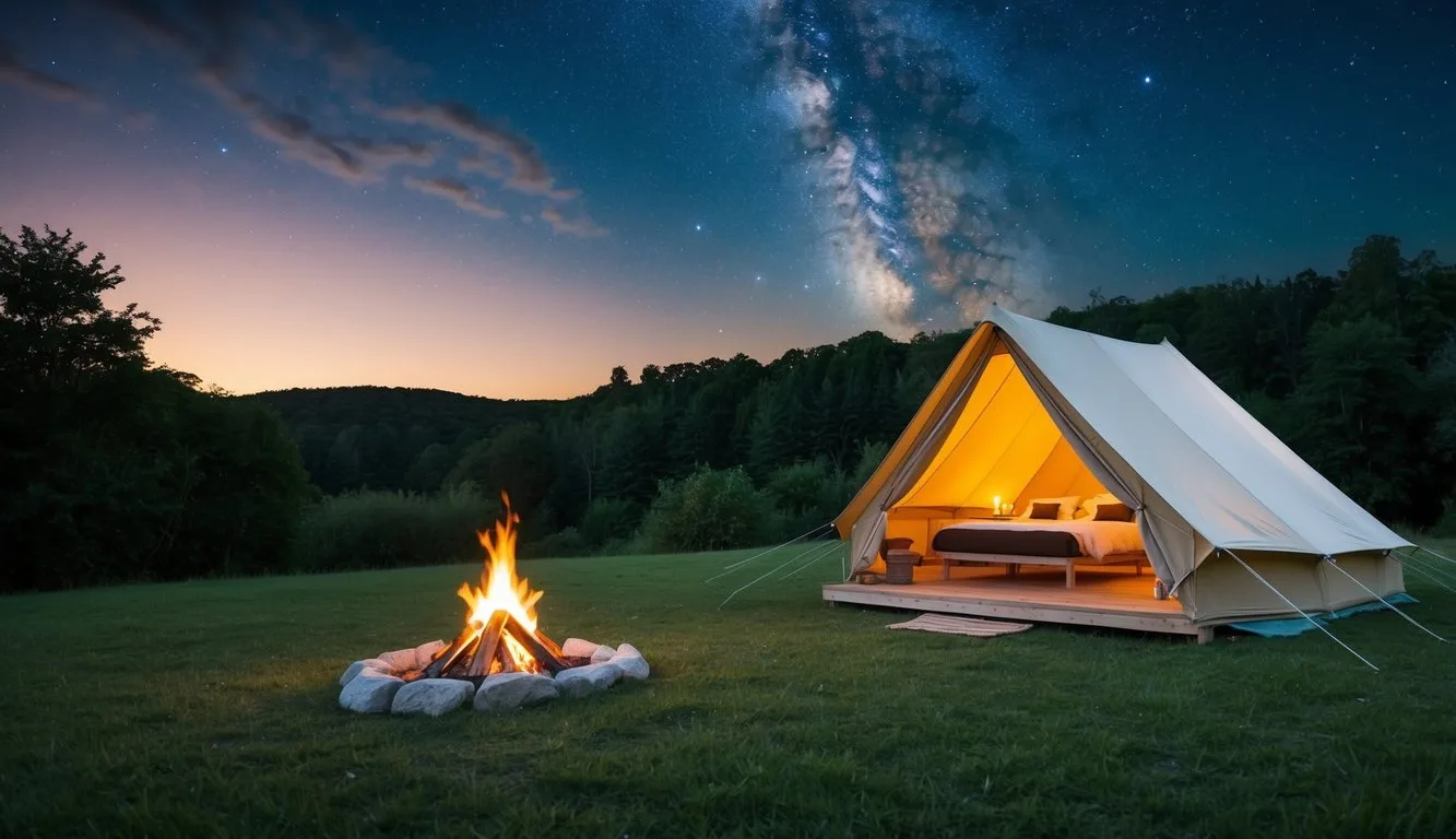 A cozy glamping tent nestled in a lush forest clearing, with a crackling campfire and a starry night sky above