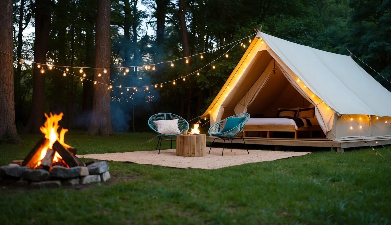 A cozy glamping tent nestled in a lush forest, with a crackling campfire and twinkling fairy lights creating a magical atmosphere