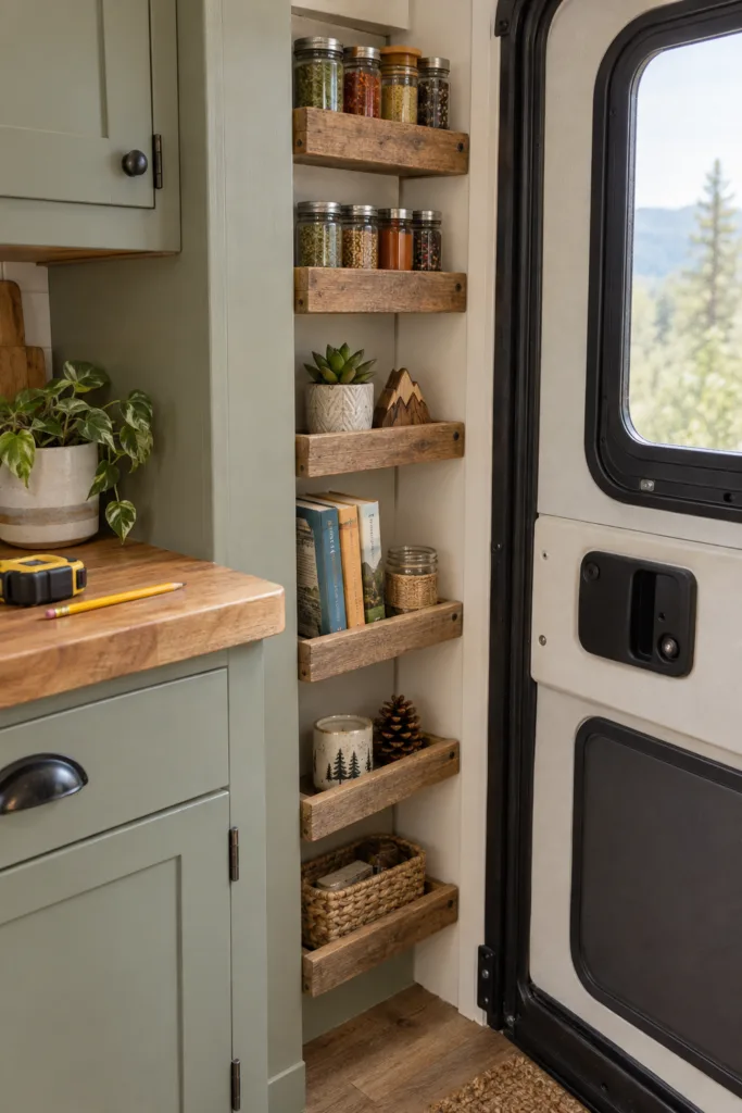 Slim vertical shelves turn awkward gaps beside a pantry or door into useful storage. Rough-cut lumber gives a rustic look and works well for light items like spice jars, paperbacks, and small decor.