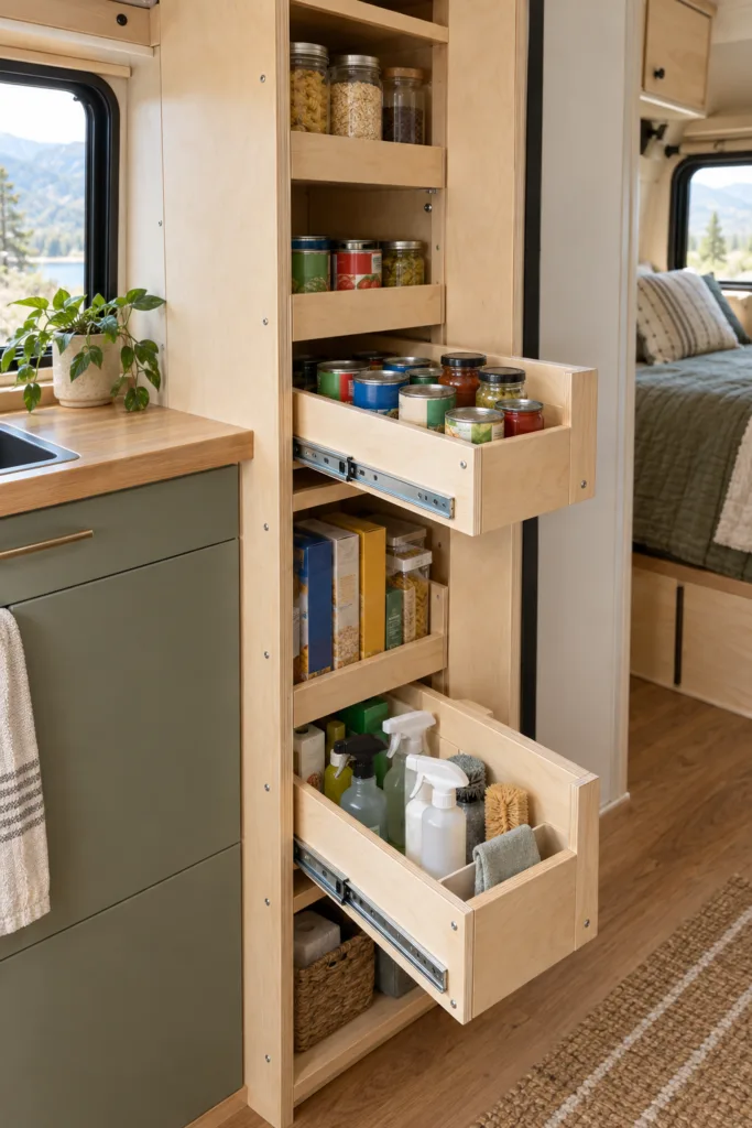 A narrow cabinet with sliding shelves packs plenty of storage into a tight gap. Even a two-foot-wide space can work. Think of it as a mini slide-out pantry.