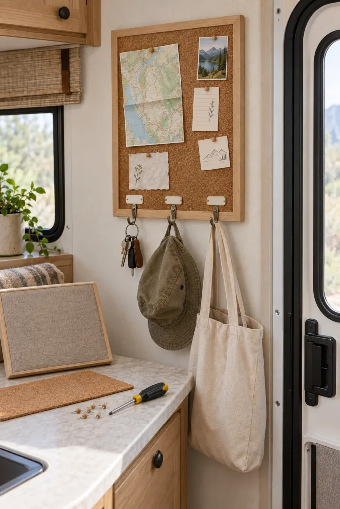 A cork board with hooks gives you two kinds of storage in one small spot near the entrance. Pin notes, maps, and reminders on the cork, then hang keys, hats, or light bags from the hooks below.