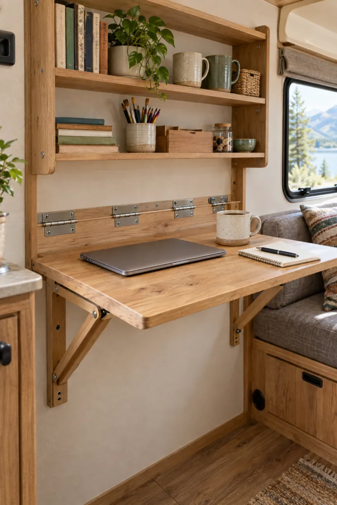 A fold-down Murphy table gives you a full work surface that tucks flat against the wall when you’re done. Add shelves above it, and you’ll have storage and a table in one spot.