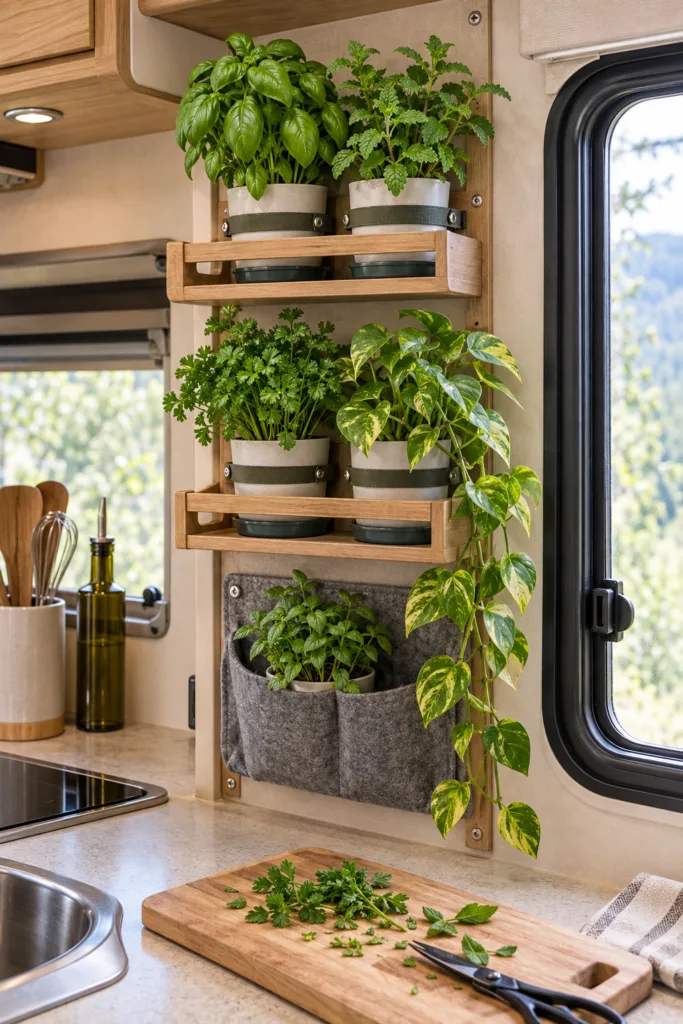 A vertical planter on your camper wall gives you fresh herbs for cooking and adds a splash of green to a small space. Pocket planters, small stacked shelves, or a cut-down pallet all work.