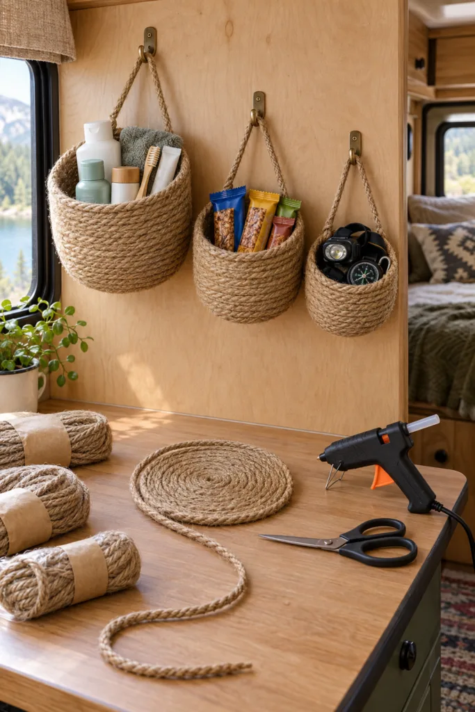 Jute rope baskets are a cheap, cozy way to add hanging storage. All you need are a few packs of dollar-store jute rope and a hot glue gun.
