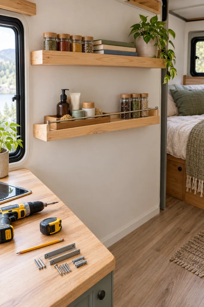 Floating shelves keep your floors open while adding storage that hardly takes up visual space. Pine is a smart choice because it’s light, cheap, easy to cut, and takes stain well.