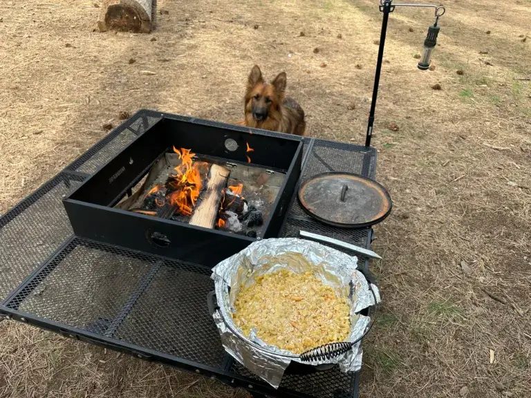 Portable fire pit with Ranch Mac N Cheese in a Dutch Oven and a German Shepherd in the background.