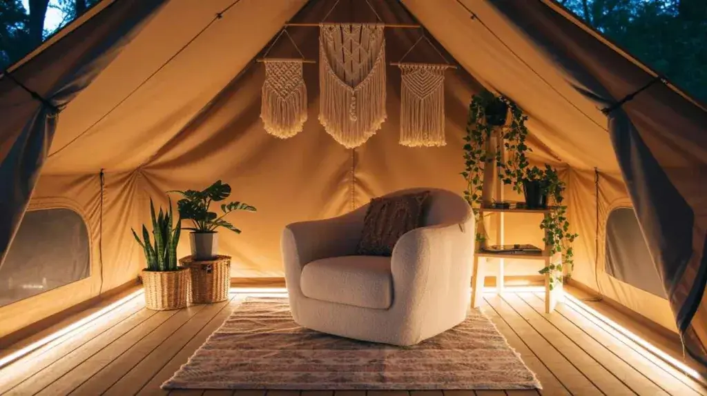 Boho style glamping tent with LED strip lighting on the floor, macrame wall handings and a white chair.