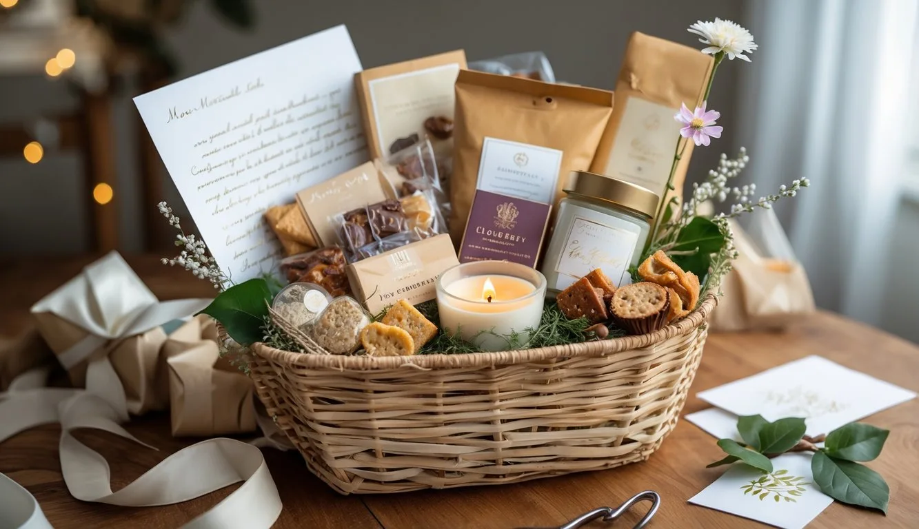 A gift basket filled with snacks, chocolates, a candle, and a handwritten note on a wooden table with ribbons and wrapping materials around it.