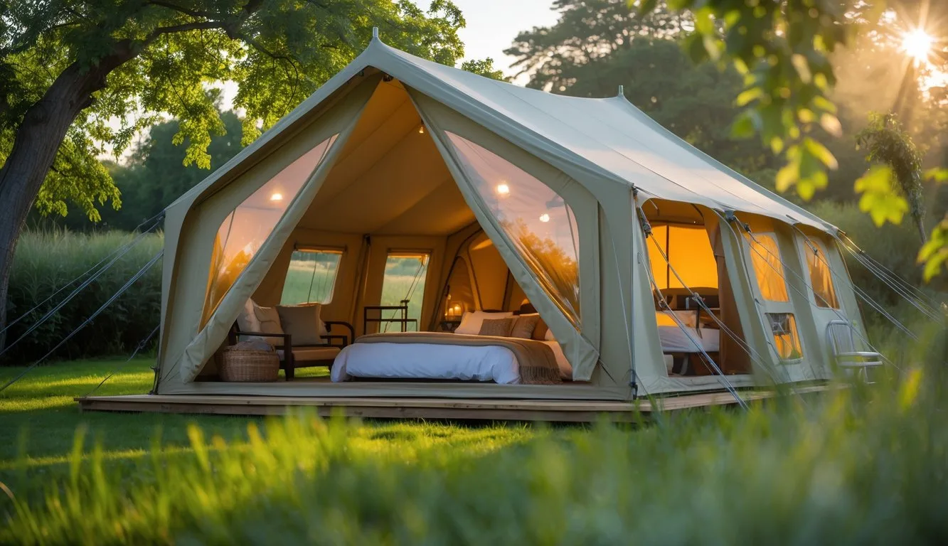 A large, stand-up-height tent set up outdoors with an inviting interior and surrounded by trees and grass.