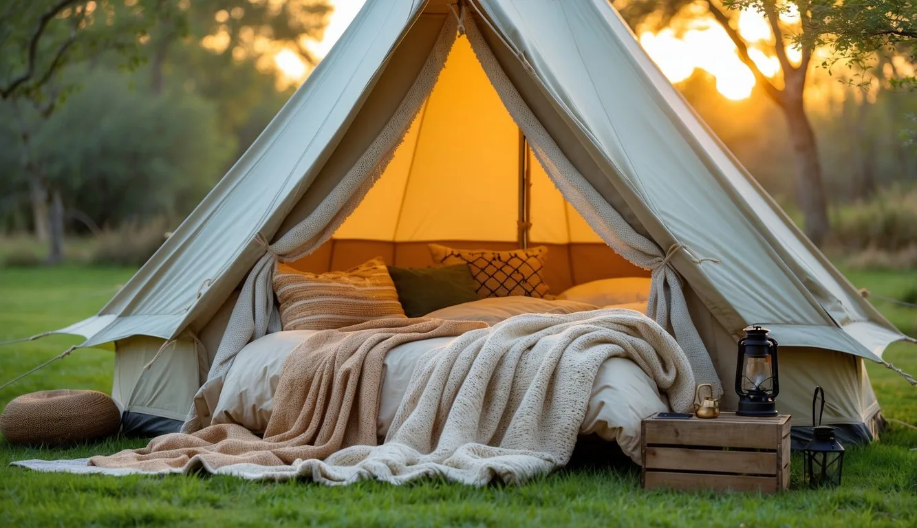 A cozy glamping tent outdoors with soft sheets and blankets inside, surrounded by green grass and trees.