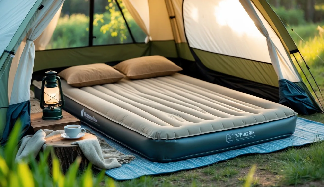 A self-inflating mattress inside a tent set up outdoors surrounded by greenery and soft sunlight.