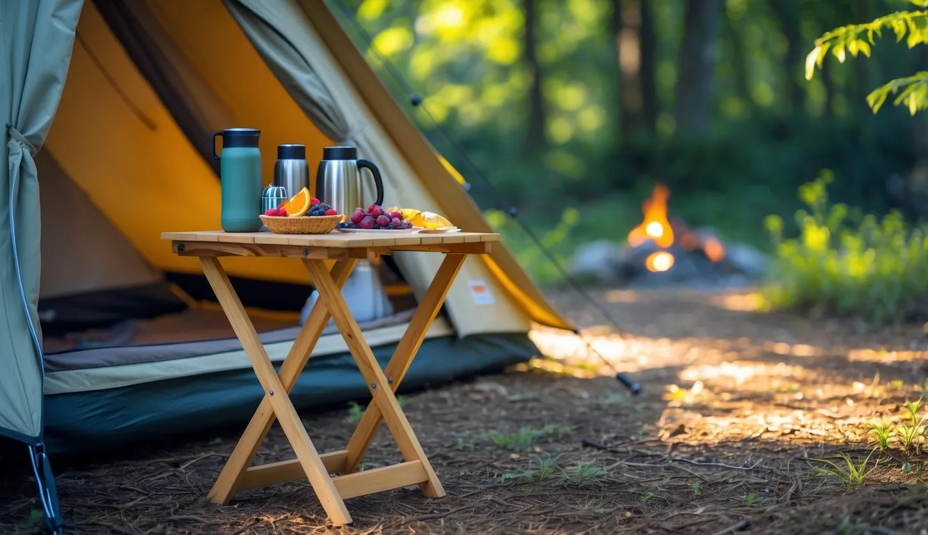 A folding side table with snacks and camping gear next to a canvas tent in a forest clearing.
